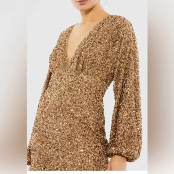 Mac Duggal Gold Sequined Long Sleeve V-Neck Gown - Picture 2 of 10